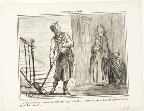 “- It's useless to show you my apartment. We are not renting out to mothers with children,” plate 1 from Les Portiers De Paris by Honoré-Victorin Daumier, print, 1856