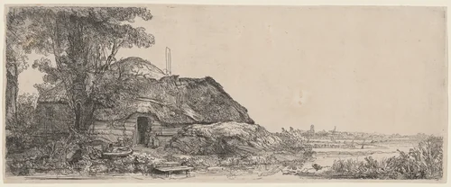 Landscape with a Cottage and a Large Tree by Rembrandt van Rijn, print, 1641