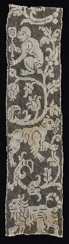 Fragment of a Band with Vines Surrounding a Monkey, Lion, and an Unidentified Four-Legged Animal by Unknown, textile, 1500-1599