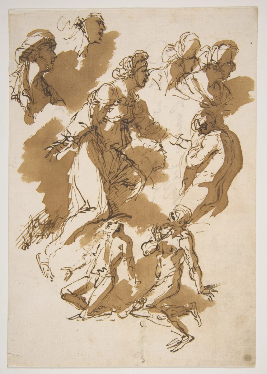 Studies of Kneeling Figures by Salvator Rosa, drawing, 1615-1673