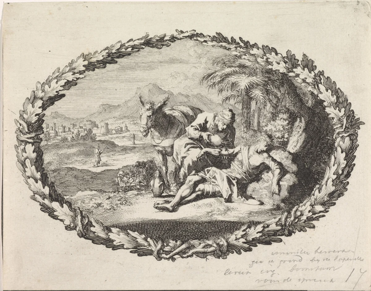 Barmhartige Samaritaan verzorgt de wonden by Jan Luyken, print, 1700