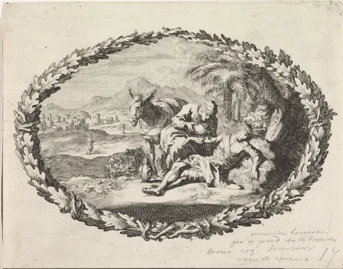 Barmhartige Samaritaan verzorgt de wonden by Jan Luyken, print, 1700