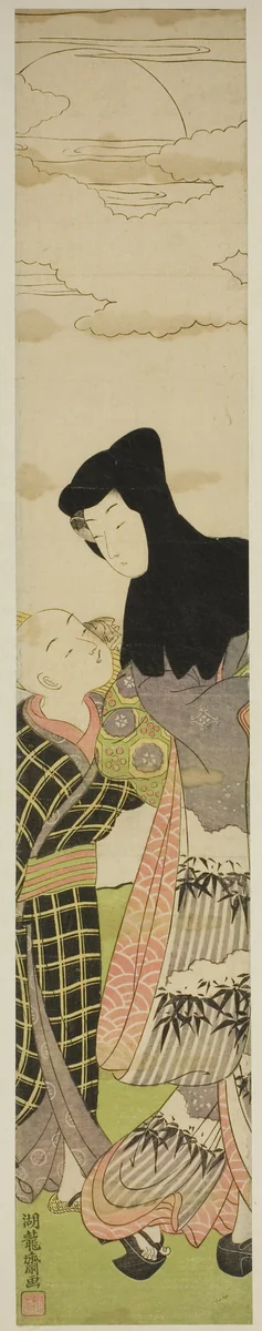 Woman Wearing Black Hood Speaks to Young Boy by Isoda Koryusai, print, 1767-1777