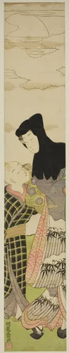 Woman Wearing Black Hood Speaks to Young Boy by Isoda Koryusai, print, 1767-1777