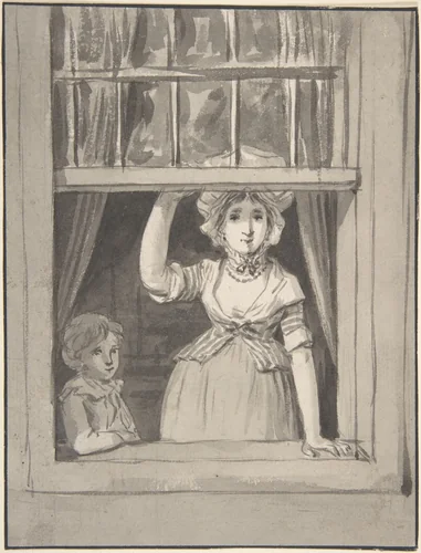A Woman Standing at an Open Sash Window, a Small Boy Beside Her by Anthonie Andriessen, drawing, 1761-1813
