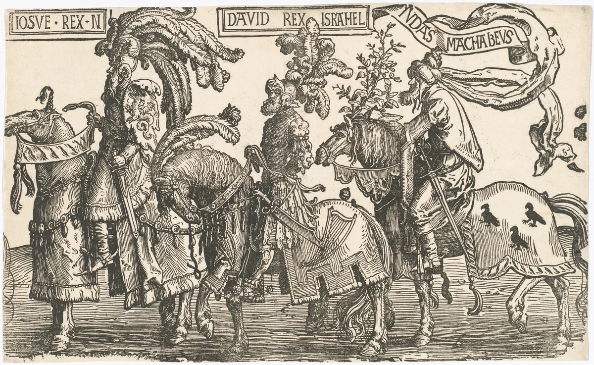 Joshua, David, Judas Maccabees by Lucas van Leyden, print, 1515-1517