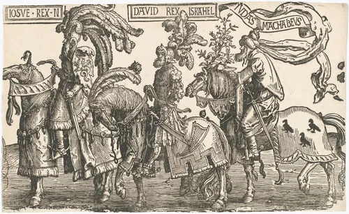 Joshua, David, Judas Maccabees by Lucas van Leyden, print, 1515-1517