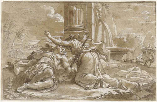 Pyramus en Thisbe by Paulus Moreelse, drawing, 1581-1638