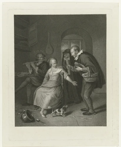 Jonge man biedt meisje een koek aan by Lambertus Antonius Claessens, print, 1792-1808