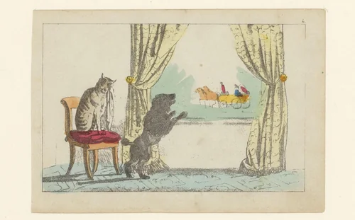 Kardoes en Muizenschik kijken door het raam hoe hun baas vertrekt by anonymous, print, 1841
