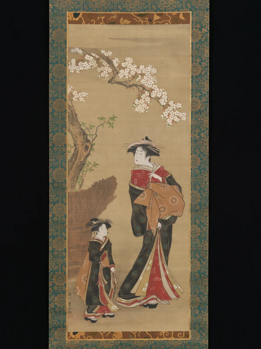 Courtesan and her Attendant under a Cherry Tree by Utagawa Toyoharu, painting, 1800-1833