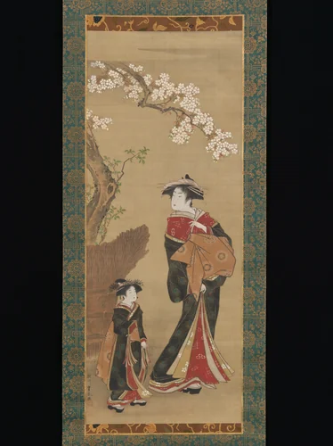 Courtesan and her Attendant under a Cherry Tree by Utagawa Toyoharu, painting, 1800-1833