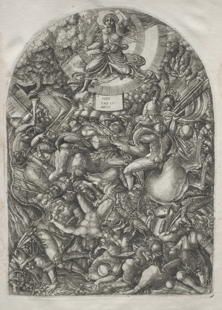 The Apocalypse: The Angel in the Sun Calling the Birds of Prey by Jean Duvet, print, 1546-1556