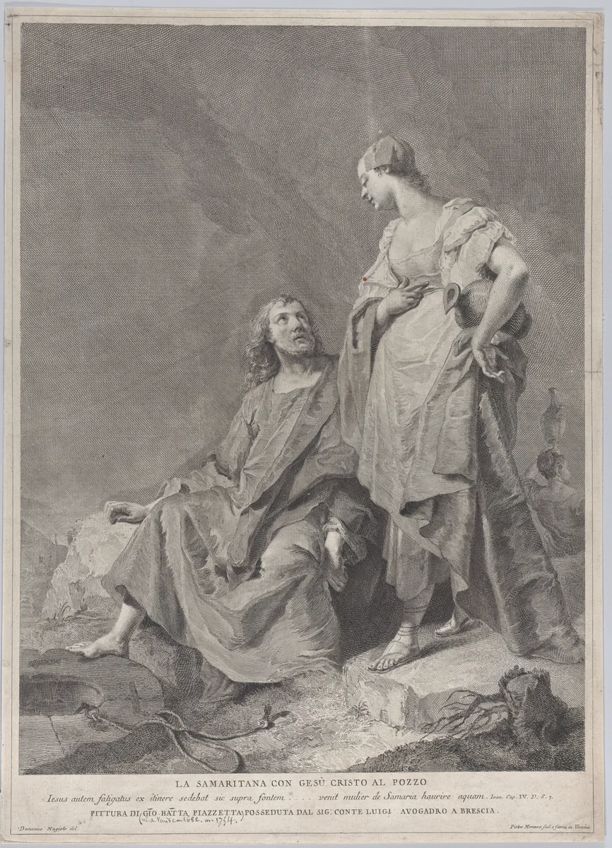 Christ and the woman of Samaria at the well, from the series of 112 prints of the sacred history, after the painting by Giovanni Battista Piazzetta by Pietro Monaco, print, 1738-1768