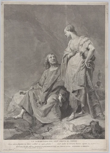 Christ and the woman of Samaria at the well, from the series of 112 prints of the sacred history, after the painting by Giovanni Battista Piazzetta by Pietro Monaco, print, 1738-1768