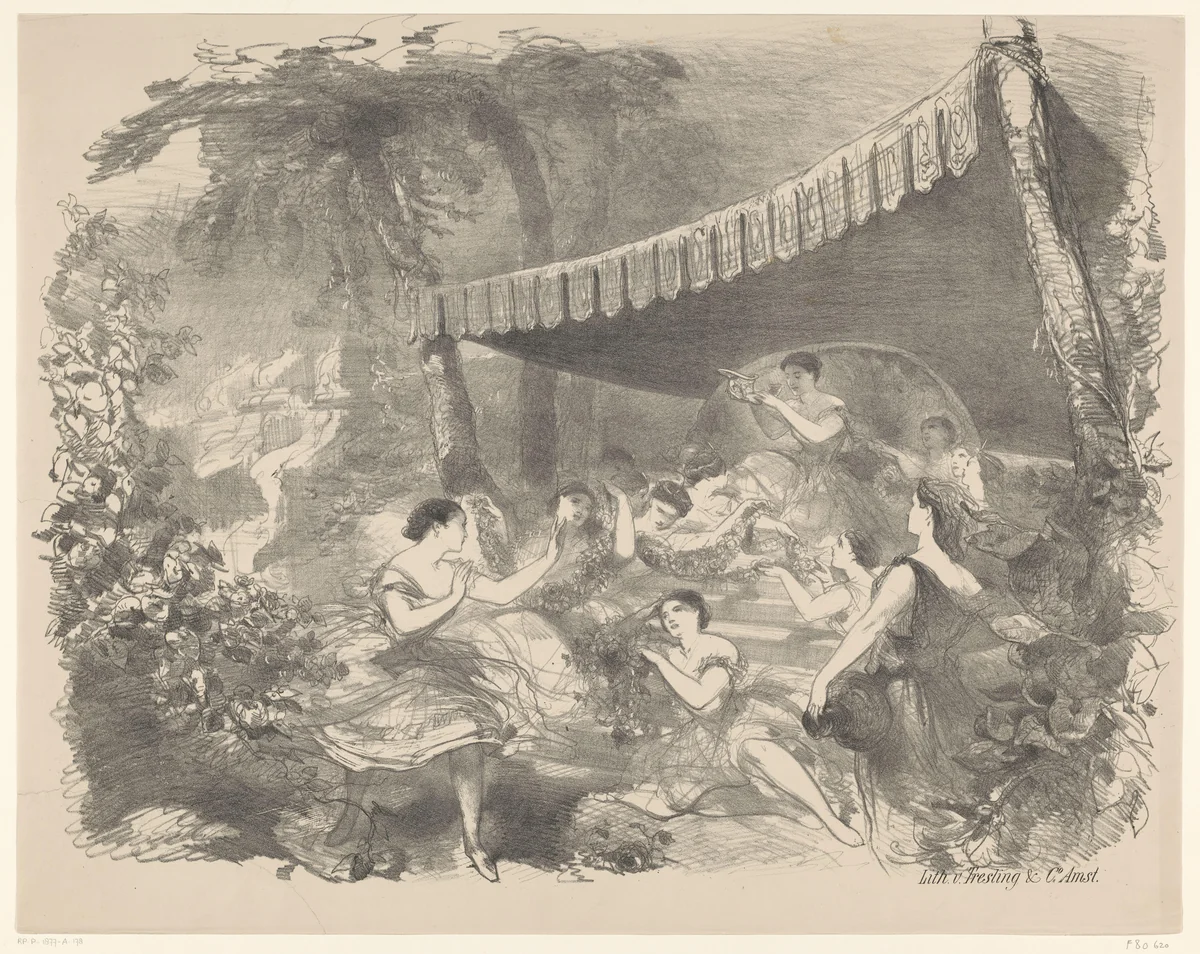 Balletscène met nimfen by Charles Rochussen, print, 1865-1868