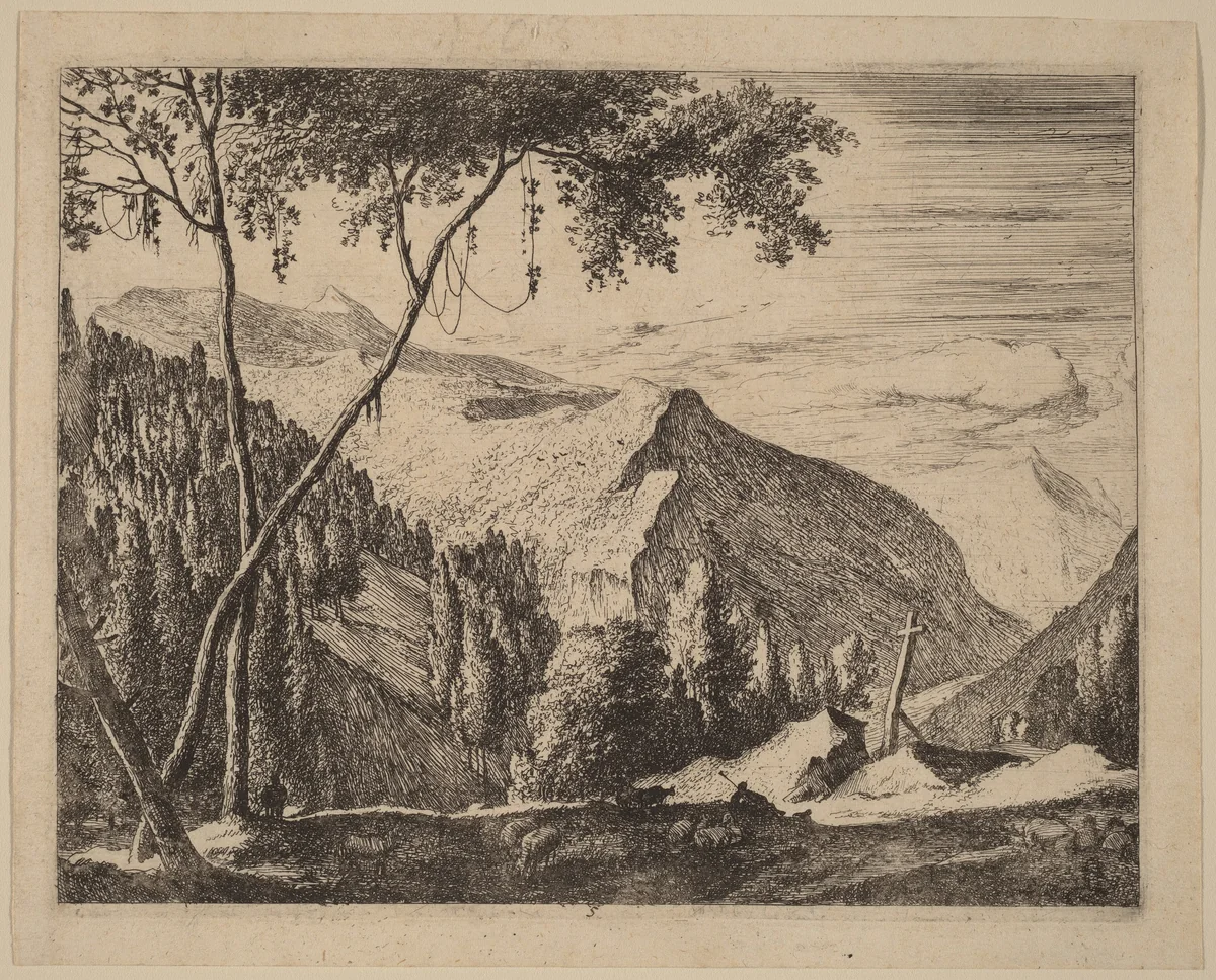 Rocky Landscape with Cross: pl.5 by Melchior Küsel; Roelant Roghman, print, 1627-1692