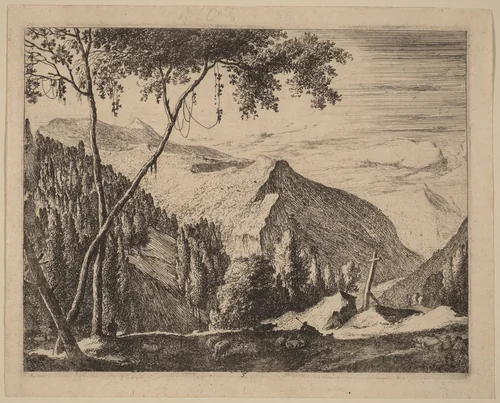 Rocky Landscape with Cross: pl.5 by Melchior Küsel; Roelant Roghman, print, 1627-1692
