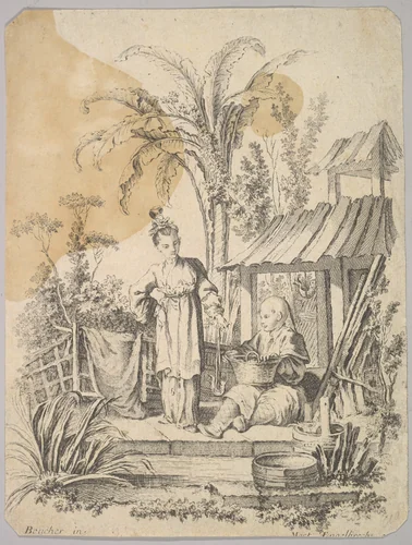 Man Sitting and Woman Carrying a Fish by Martin Engelbrecht, print, 1700-1756