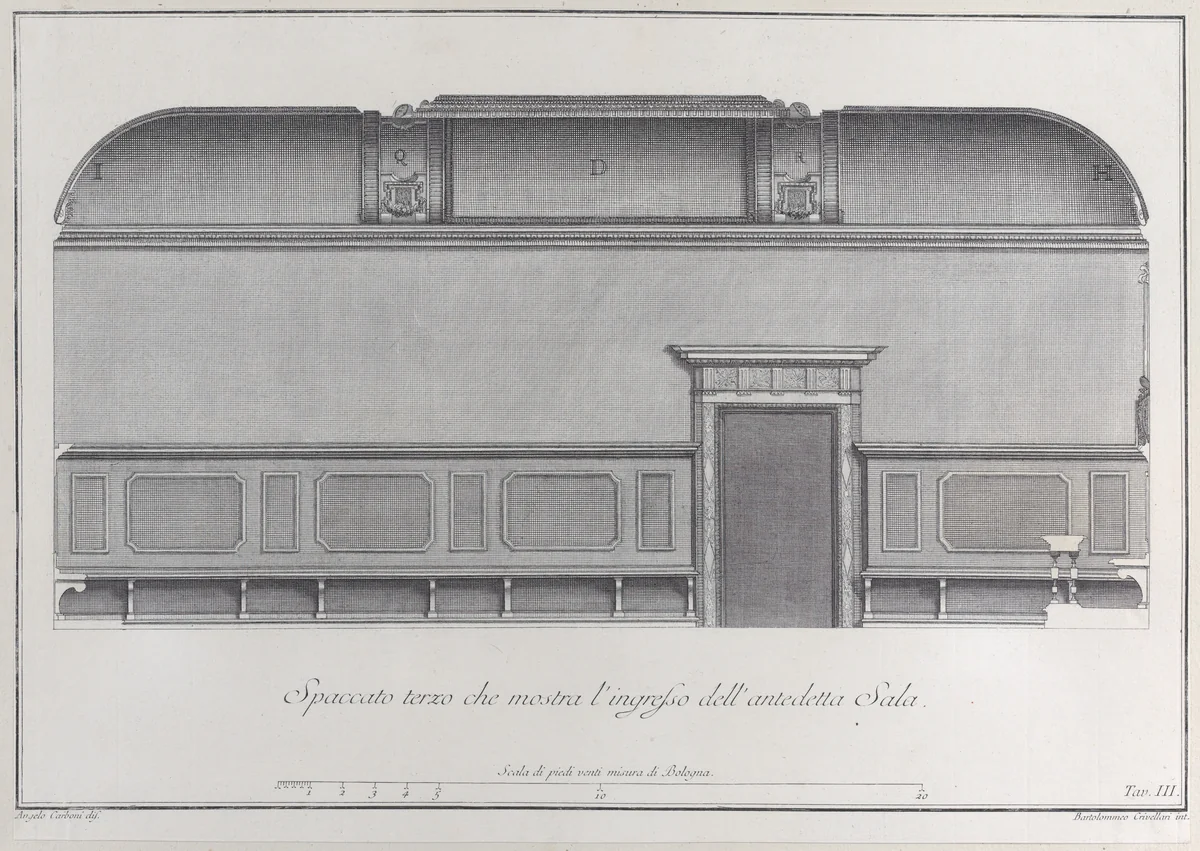 Plate 3: cross-section of the Hall of the Institute of Bologna by Bartolomeo Crivellari, print, 1756