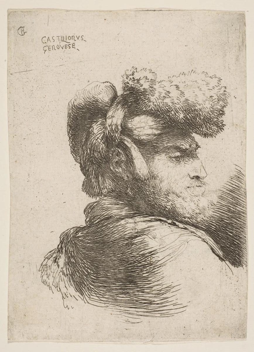 Man in profile facing right, wearing a fur hat, from "Small Heads in Oriental Headdress" by Giovanni Benedetto Castiglione, print, 1640-1650