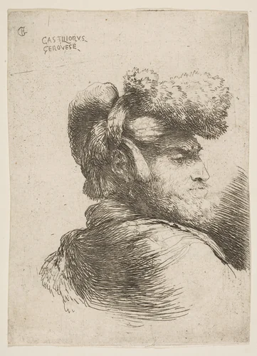 Man in profile facing right, wearing a fur hat, from "Small Heads in Oriental Headdress" by Giovanni Benedetto Castiglione, print, 1640-1650