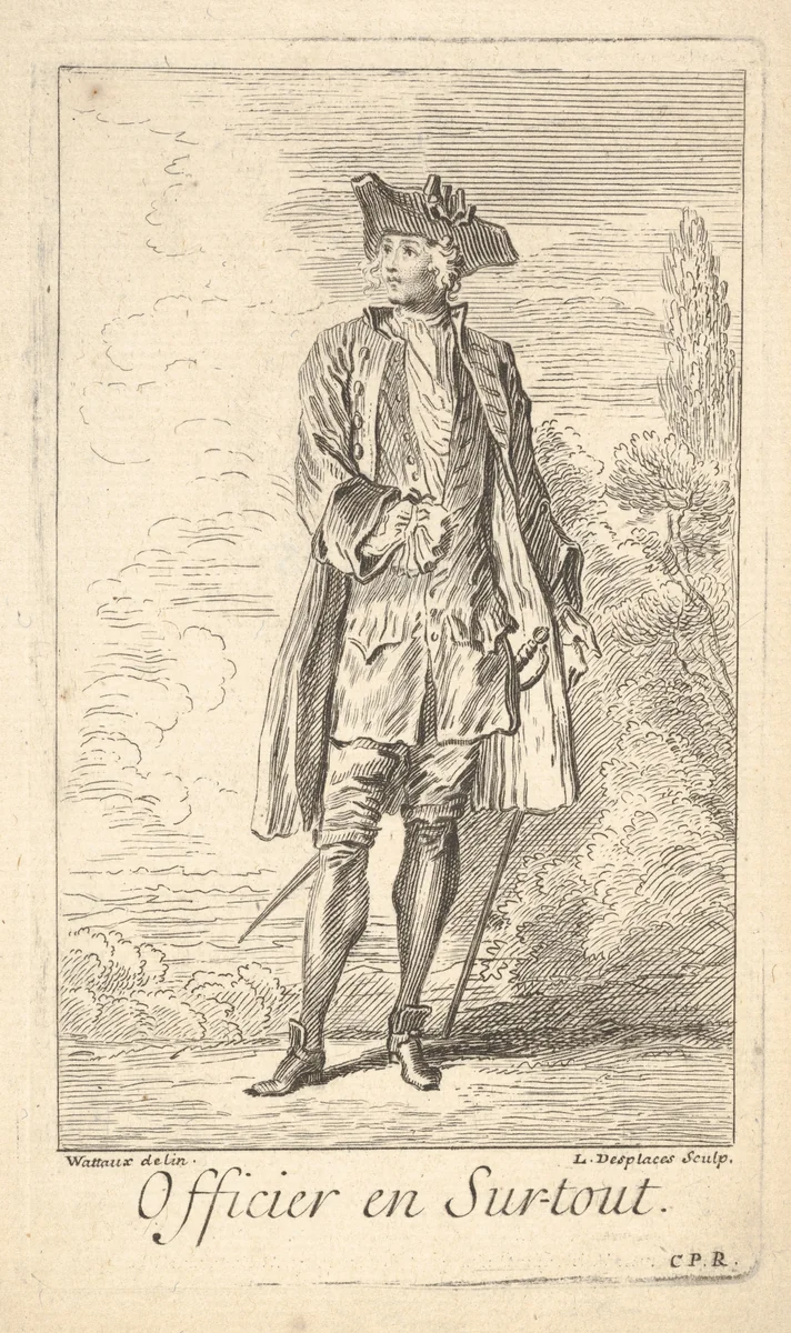 Man in officer's dress, with sword hanging at left hip, shown in frontal view with his head turned toward the left, trees beyond by Louis Desplaces, print, 1700-1739