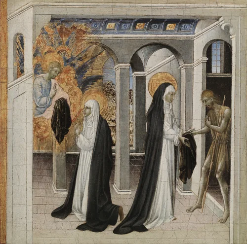 St. Catherine of Siena and the Beggar by Giovanni di Paolo, painting, 1460-1469