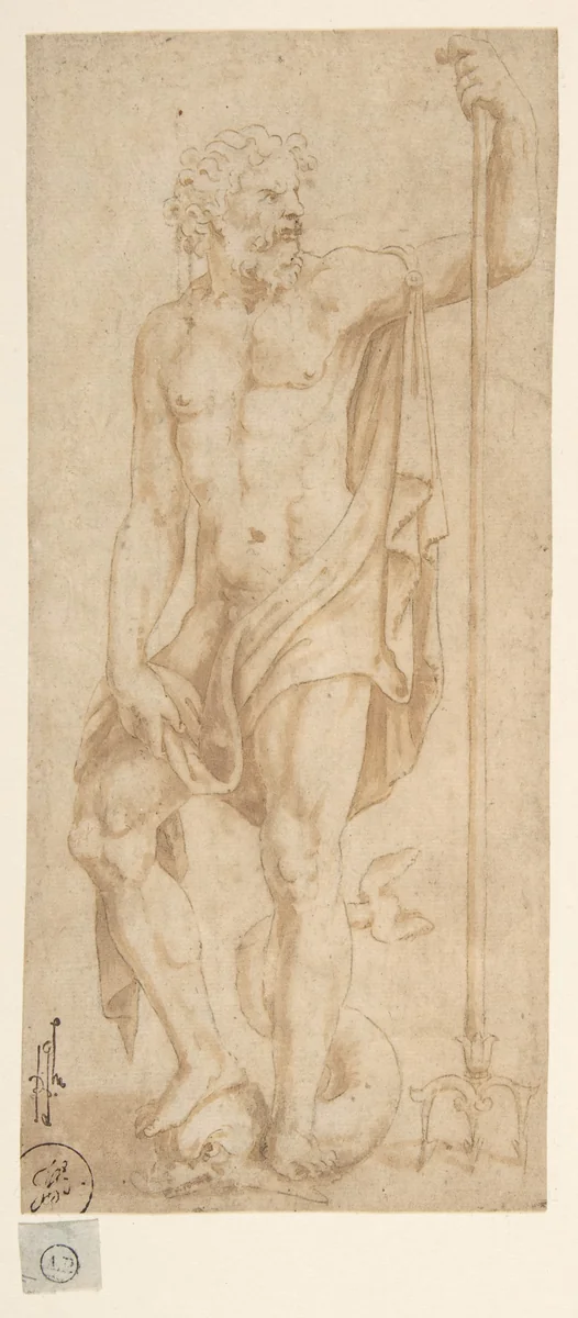 Neptune Holding a Trident and Standing on a Dolphin by Giulio Romano, drawing, 1499-1546