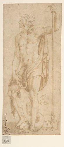 Neptune Holding a Trident and Standing on a Dolphin by Giulio Romano, drawing, 1499-1546