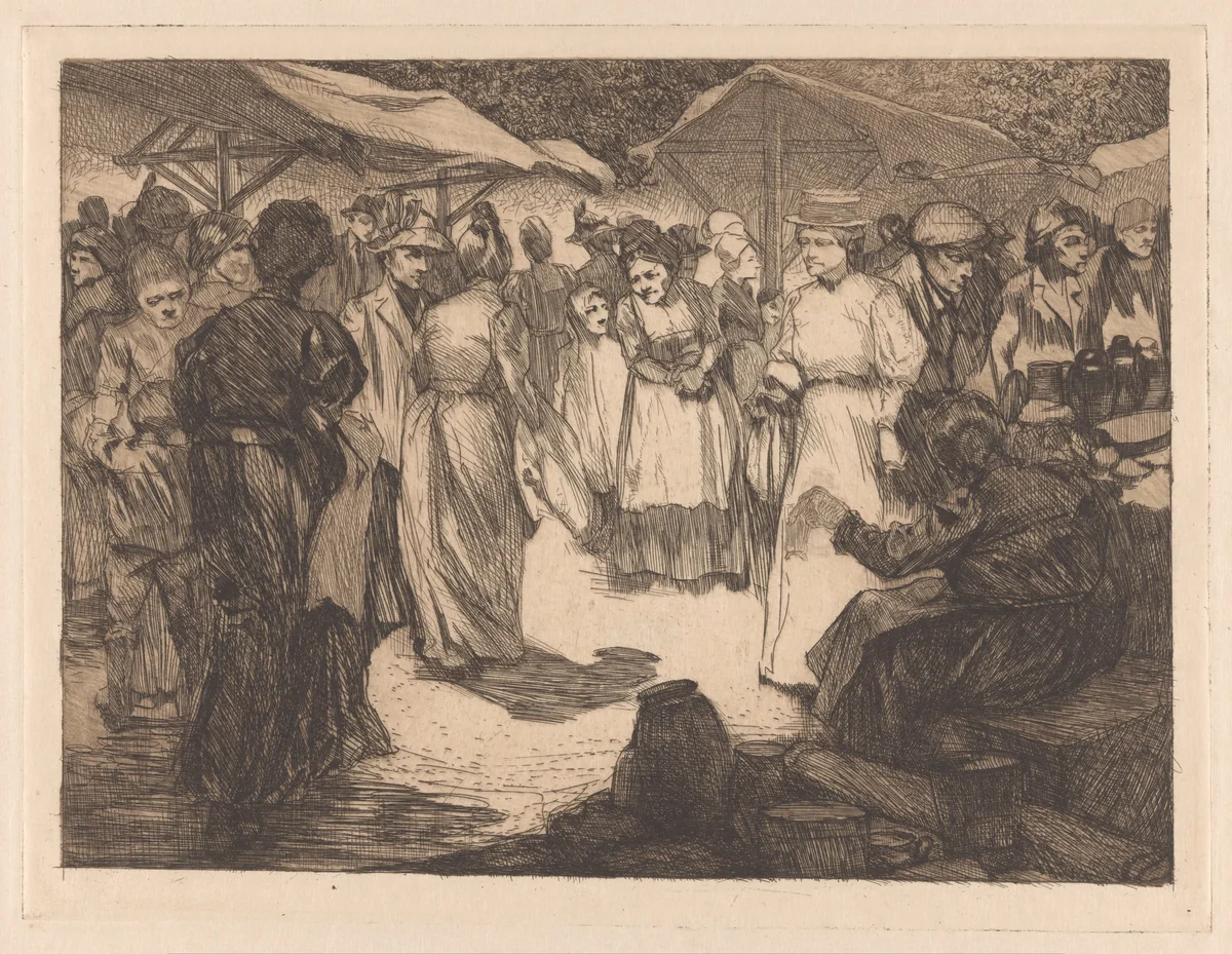 Marktscène met mannen en vrouwen by Johannes Josephus Aarts, print, 1909-1910