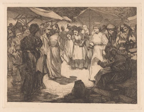 Marktscène met mannen en vrouwen by Johannes Josephus Aarts, print, 1909-1910