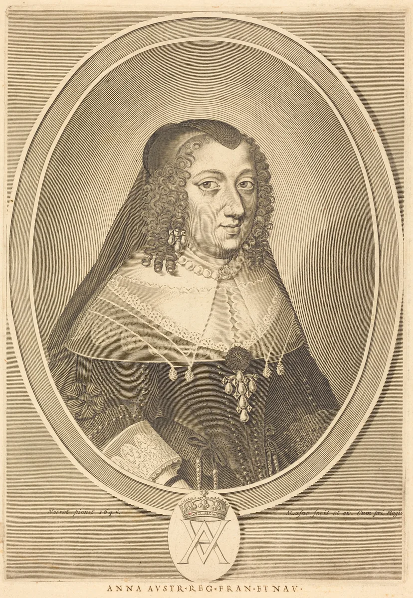 Anne of Austria by Michel Lasne; Jean Nocret, print, 1645