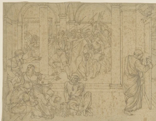 Petrus verloochent Christus, voorgesteld in de hal van het gerechtsgebouw by Joseph von Führich, drawing, 1810-1876