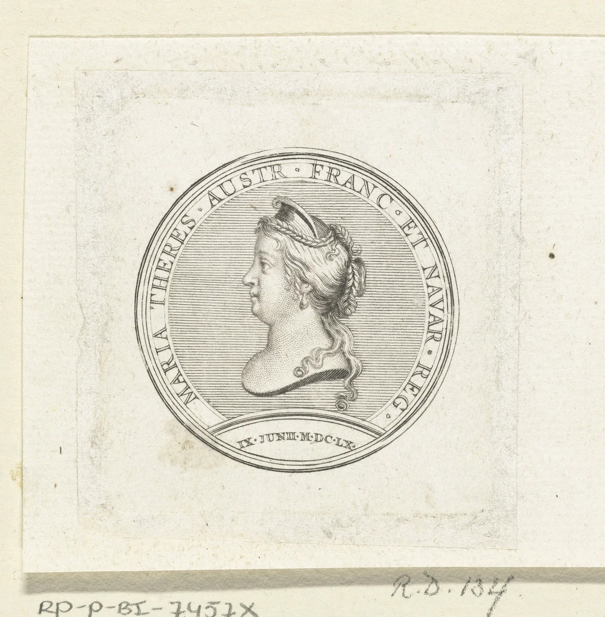 Penning met buste van Maria-Theresia van Spanje by Gerard Edelinck, print, 1702