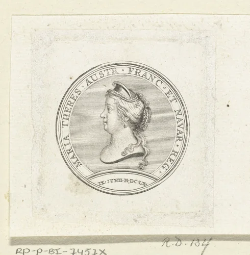 Penning met buste van Maria-Theresia van Spanje by Gerard Edelinck, print, 1702