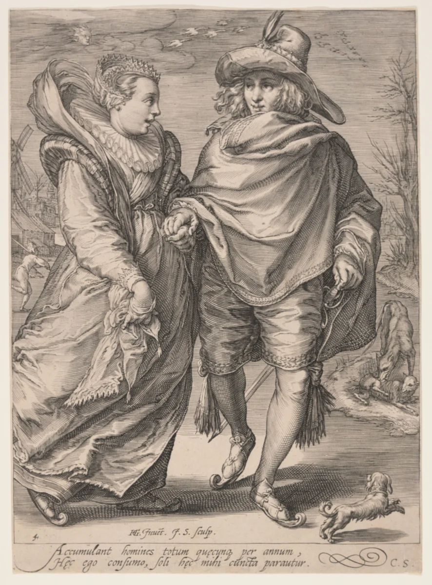 Winter (Young Couple Skating), from The Four Seasons by Jan Saenredam, print, 1601