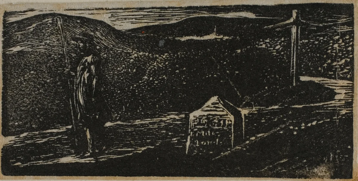 Colinet's Journey: Milestone Marked LXII Miles to London, from The Pastorals of Virgil by William Blake, print, 1821