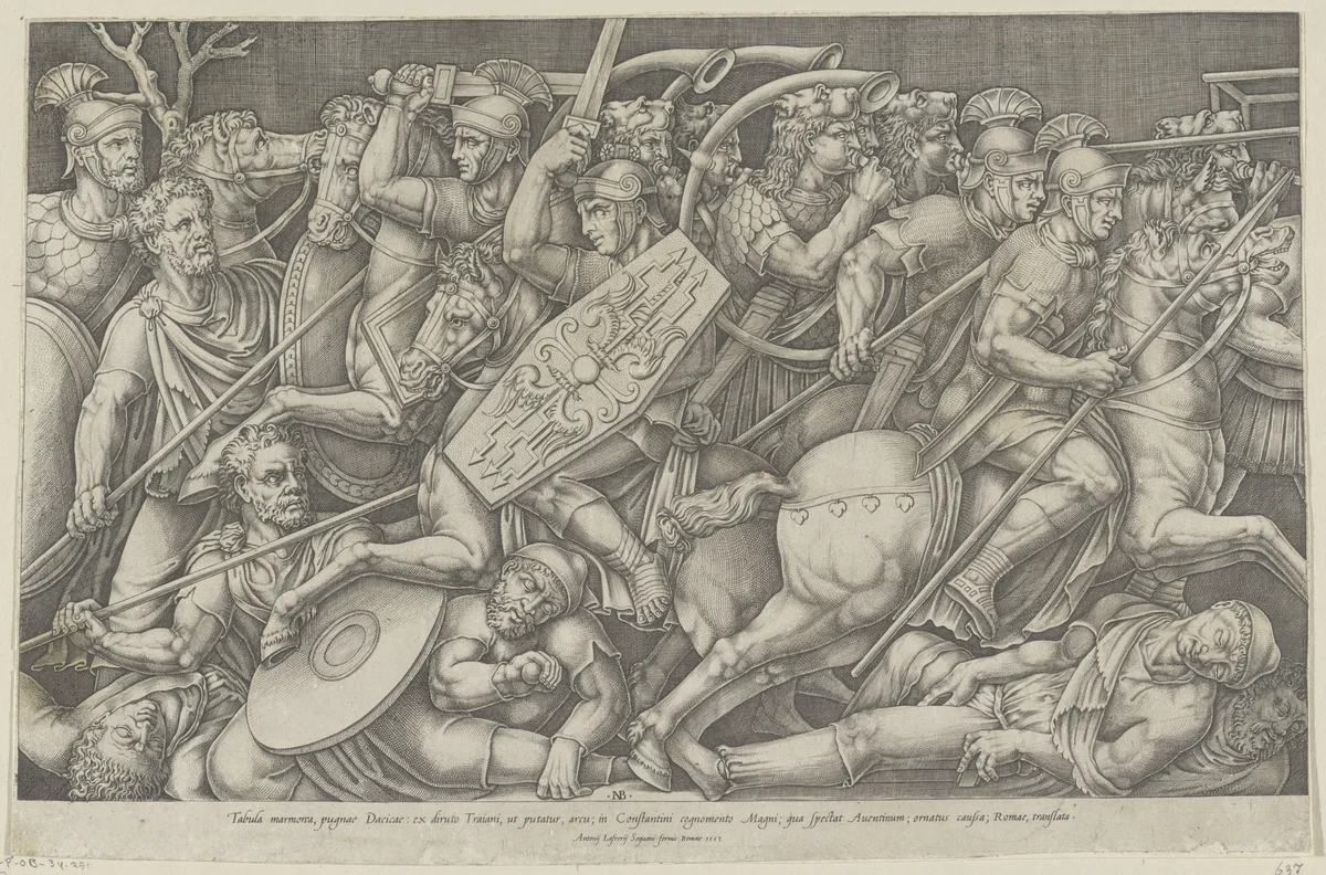 Romeinse soldaten vechtend met de Daciërs by Unknown, print, 1553