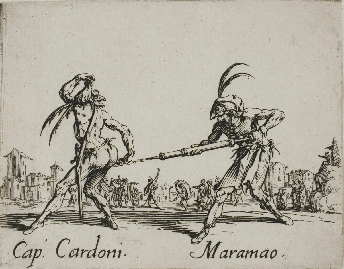 Capitano Cardoni - Maramao, plate 22 from Balli di Sfessania by Jacques Callot, print, 1617-1627