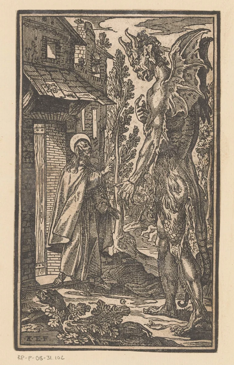 Verzoeking van een heilige door de duivel by Unknown, print, 1579-1622
