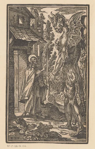 Verzoeking van een heilige door de duivel by Unknown, print, 1579-1622