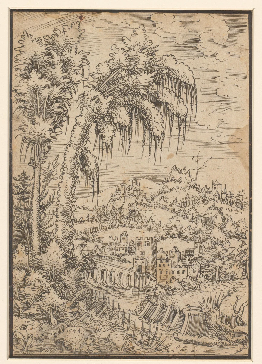 Berglandschap en rivier by Unknown, drawing, 1544