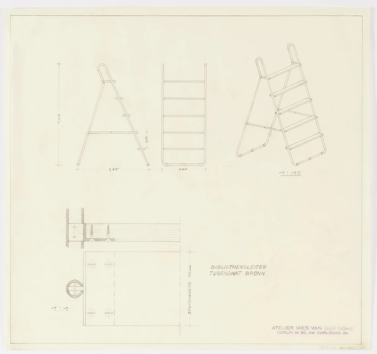 Tugendhat House, Brno, Czech Republic, Library stepladder. Two elevations, perspective, section. by Ludwig Mies van der Rohe, mies van der rohe archive, 1928