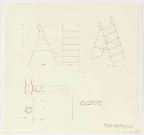 Tugendhat House, Brno, Czech Republic, Library stepladder. Two elevations, perspective, section. by Ludwig Mies van der Rohe, mies van der rohe archive, 1928