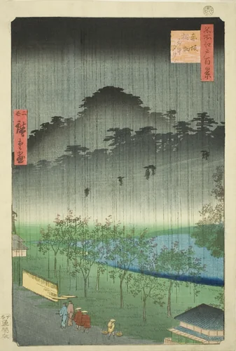 Night Rain at the Paulownia Grove at Akasaka (Akasaka Kiribatake uchu yukei), from the series "One Hundred Famous Views of Edo (Meisho Edo hyakkei)" by Utagawa Hiroshige II (二代目歌川広重), print, 1859