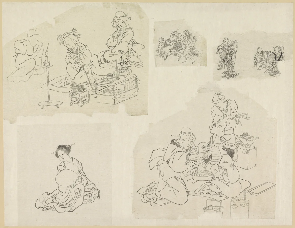 Vijf voorstellingen van mensen in verschillende situaties by Katsushika Hokusai (葛飾 北斎), drawing, 1800-1900