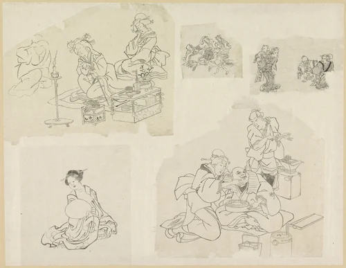 Vijf voorstellingen van mensen in verschillende situaties by Katsushika Hokusai (葛飾 北斎), drawing, 1800-1900