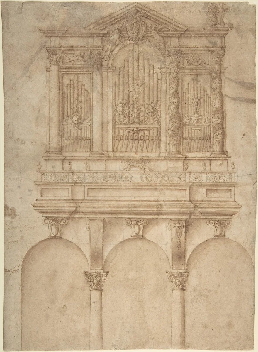 A Pipe Organ with Papal Arms by anonymous, drawing, 1500-1599