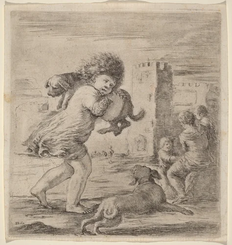 Child Carrying a Puppy by Stefano della Bella, print, 1610-1664